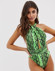 Зеленый слитный купальник со змеиным принтом и глубоким вырезом PrettyLittleThing - Мульти