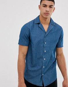 Приталенная рубашка из ткани шамбре с воротником в виде лацканов Solid - Синий !Solid