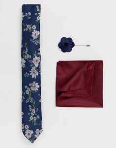 Розовый комплект с галстуком, нагрудным платком и булавкой с темно-синим цветочным принтом New Look - Темно-синий
