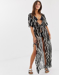 Пляжное кимоно макси с принтом зебра Influence - Черный