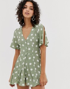 Чайный ромпер в горошек с разрезами на рукавах River Island - Зеленый