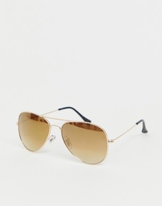 Солнцезащитные очки-авиаторы с золотистыми стеклами Jack & Jones - Коричневый