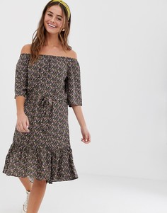 Платье мини с открытыми плечами, завязкой на талии и цветочным принтом JDY - Мульти