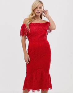 Кружевное платье миди с широким вырезом Little Mistress - Красный