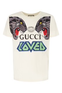 Белая футболка оверсайз с тиграми Gucci