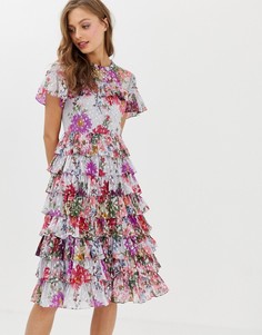 Платье миди с цветочным принтом и оборками Needle & Thread - Синий