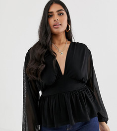 Лонгслив с пышными рукавами из сетчатой ткани ASOS DESIGN Curve - Черный