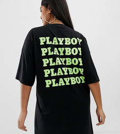 Черное платье-футболка с принтом Playboy Missguided Plus - Белый