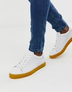 Кожаные кроссовки с контрастной желтой подошвой Selected Homme - Белый
