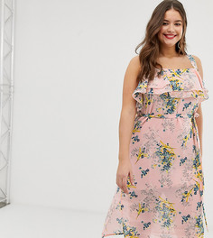 Платье миди с цветочным принтом и оборкой New Look Curve - Мульти