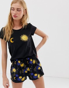 Черный пижамный комплект с принтом солнца и луны Monki - Черный
