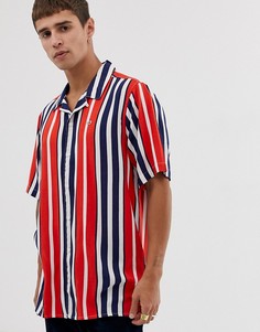 Красная рубашка в вертикальную полоску с короткими рукавами и логотипом-флагом Tommy Jeans - Мульти