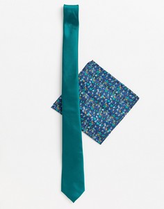 Узкий галстук зеленого цвета и платок для пиджака с цветочным принтом ASOS DESIGN - Зеленый