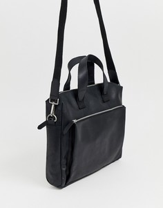 Черный кожаный портфель с карманом на молнии спереди ASOS DESIGN - Черный