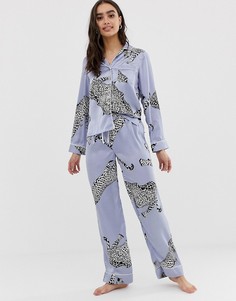 Атласная пижама с брюками и анималистичным принтом ASOS DESIGN - Синий