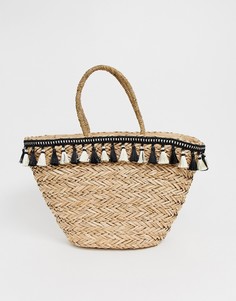 Пляжная плетеная сумка с кисточками Missguided - Коричневый
