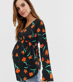Блузка с цветочным принтом, запахом и расклешенными рукавами Influence Maternity - Черный
