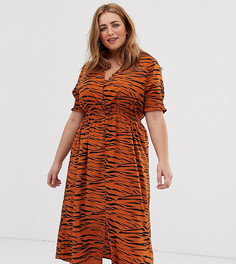Платье миди со сборками на рукавах, пуговицами спереди и тигровым принтом Influence Plus - Мульти
