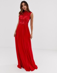 Платье макси с кружевом и высоким воротом Jovani - Красный