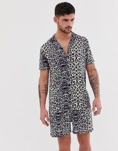 Комбинируемая рубашка с отложным воротником и леопардовым принтом boohooMAN - Коричневый