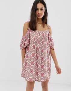 Платье мини с открытыми плечами и цветочным принтом En Crème - Мульти