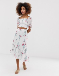 Комбинируемая асимметричная юбка миди с винтажным цветочным принтом Neon Rose - Белый