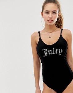 Велюровый слитный комбинезон с логотипом из стразов Juicy Couture - Черный