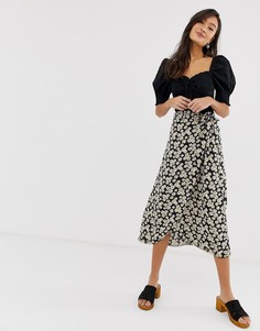 Юбка миди с запахом и монохромным цветочным принтом New Look - Мульти