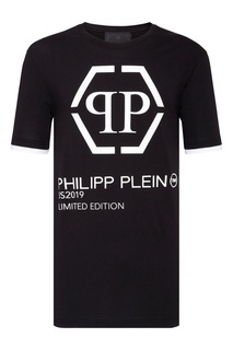 Черная футболка с белым логотипом Philipp Plein