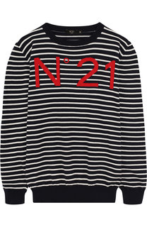 Хлопковый пуловер в полоску с логотипом бренда