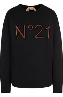 Хлопковый пуловер с круглым вырезом и логотипом бренда
