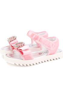 Текстильные сандалии на застежке велькро с бантом и стразами