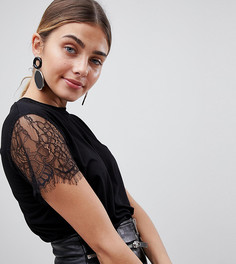Черная футболка с кружевными рукавами PrettyLittleThing - Черный