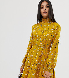 Короткое приталенное платье с цветочным принтом и высоким воротом PrettyLittleTHing - Черный