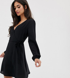 Черное платье мини с запахом и длинными рукавами New Look Petite - Черный