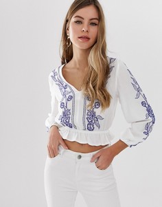 Укороченная блузка с баской и вышивкой Parisian - Белый