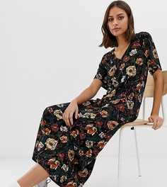 Темное платье миди с цветочным принтом Pull&Bear - Черный