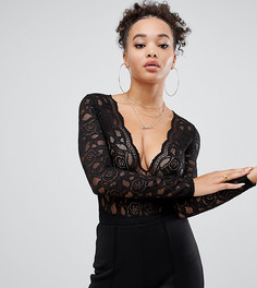 Боди черного цвета с глубоким вырезом, кружевом и длинными рукавами Boohoo - Черный