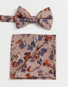 Галстук-бабочка и платок для нагрудного кармана с цветочным принтом ASOS DESIGN - Коричневый