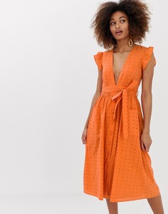 Платье макси с глубоким вырезом, поясом и вышивкой ришелье Neon Rose - Оранжевый