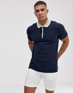 Трикотажная футболка-поло с контрастной отделкой Selected Homme - Темно-синий