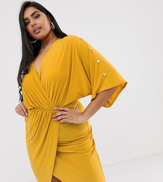 Платье-футляр горчичного цвета с золотистыми пуговицами и глубоким вырезом Koco & K Plus - Желтый