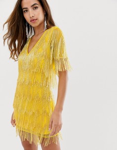 Платье мини с короткими рукавами и бахромой ASOS DESIGN - Желтый