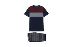 Короткая трикотажная пижама колор-блок - BLUNAVY/GR.MEDIO MEL/ROSSO AND - XL - Intimissimi