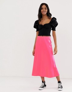 Неоново-розовая атласная юбка миди New Look - Розовый