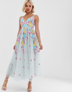 Платье миди для выпускного со сплошной цветочной вышивкой контрастного цвета Dolly & Delicious - Синий
