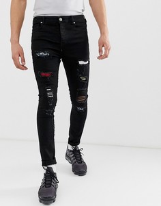Черные джинсы супероблегающего кроя с рваной отделкой и принтом Sixth June - Черный