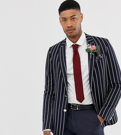 Темно-синий приталенный блейзер в полоску с золотистыми пуговицами ASOS DESIGN Tall wedding - Темно-синий