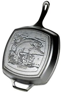 Чугунные сковороды Lodge Сковорода-гриль квадратная 26 см. с двумя ручками, черная, чугун Fish Logo