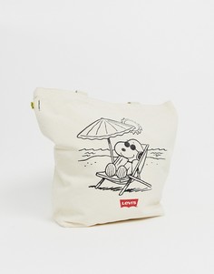 Светло-бежевая пляжная сумка-тоут с принтом Снупи Peanuts от Levis - Кремовый